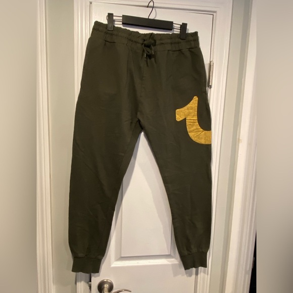 True Religion Size M Horseshoe Jogger Green Gold Pants Drawstring Loungewear - Picture 1 of 13